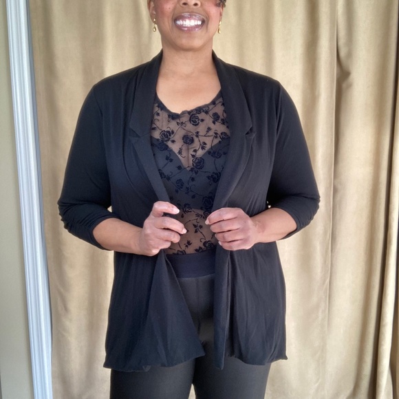 August Silk Woman Cardigan, Sheer Back, Black, 3/4 Ruched Sleeves, Size 1X - Picture 9 of 16